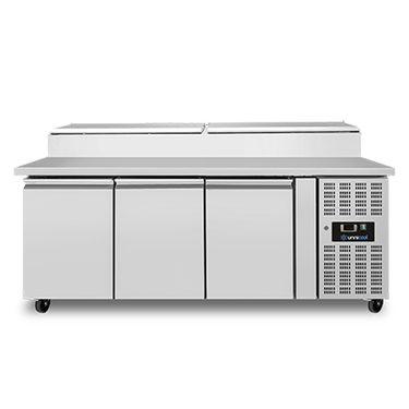 Saladette | 3 Türen (1/1 GN) | Aufsatz 8× 1/3 GN | +2°C bis +8°C | Umluft Kühlung | Klapp Deckel