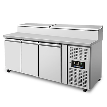 Saladette | 3 Türen (1/1 GN) | Aufsatz 8× 1/3 GN | +2°C bis +8°C | Umluft Kühlung | Klapp Deckel