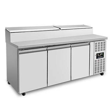 Saladette | 3 Türen (1/1 GN) | Aufsatz 8× 1/3 GN | +2°C bis +8°C | Umluft Kühlung | Klapp Deckel