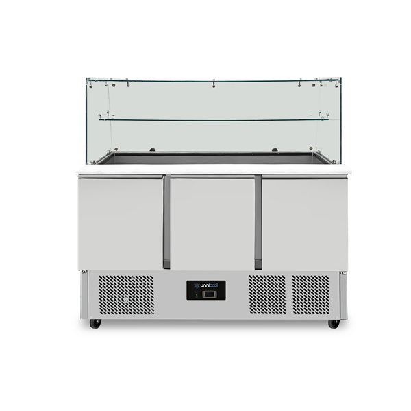 Saladette mit Glasaufsatz 3 Türen statische Kühlung 137x70x85(h)cm