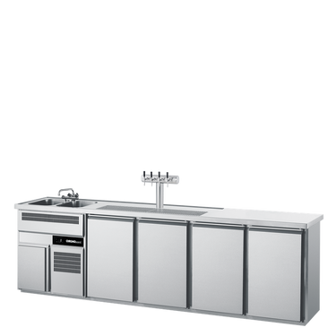 Beverage counter, 2 bowls left, 4 doors, with cover, central cooling 3050 × 700 × 980 mm