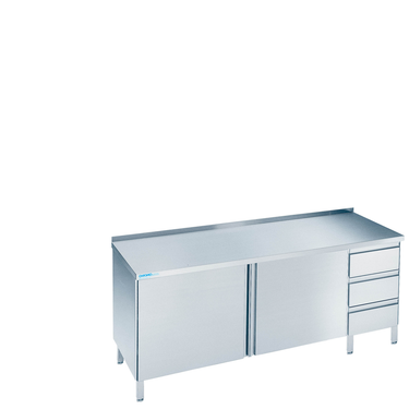 Work cabinet with hinged doors and drawer block on the right, worktop, upstand at rear 1400 × 600 × 850-900 mm