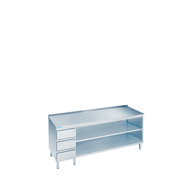 Açık çalışma dolabı, solda çekmeceli blok ile, tezgâh arkadan kenarlı 1800 × 600 × 850-900 mm