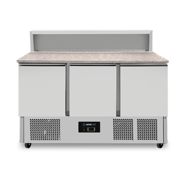 Pizza Werkbank, 3 Türen (GN 1/1), mit 8 × GN 1/6 Aufsatz +2°C bis +8°C