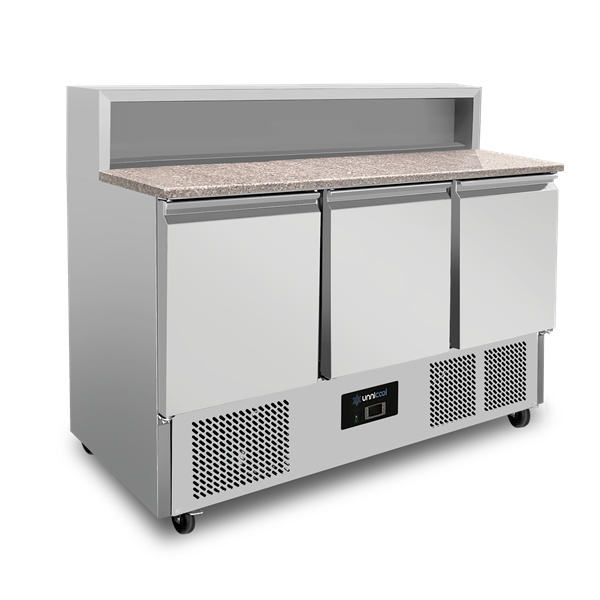 Pizza Werkbank, 3 Türen (GN 1/1), mit 8 × GN 1/6 Aufsatz +2°C bis +8°C
