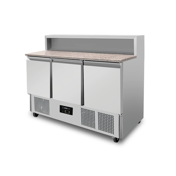 Pizza Werkbank, 3 Türen (GN 1/1), mit 8 × GN 1/6 Aufsatz +2°C bis +8°C