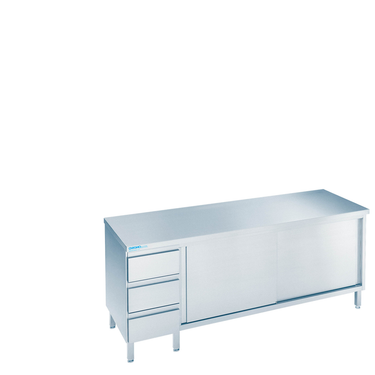 Arbeitsschrank mit Schiebetüren und Schubladenblock links Tischplatte, allseits ab 2200 × 600 × 850-900 mm