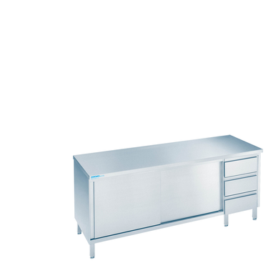 Arbeitsschrank mit Schiebetüren und Schubladenblock rechts Tischplatte, allseits ab 1600 × 600 × 850-900 mm