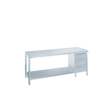 Work table with intermediate shelf and drawer block on the right, table top, all round from 1800 × 600 × 850-900 mm